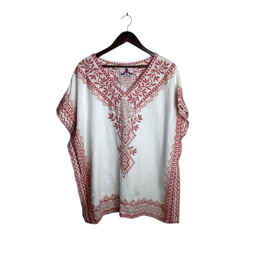 JW Los Angeles Joy Hope Flight Embroidered Kaftan Tunic Top White Red Size S